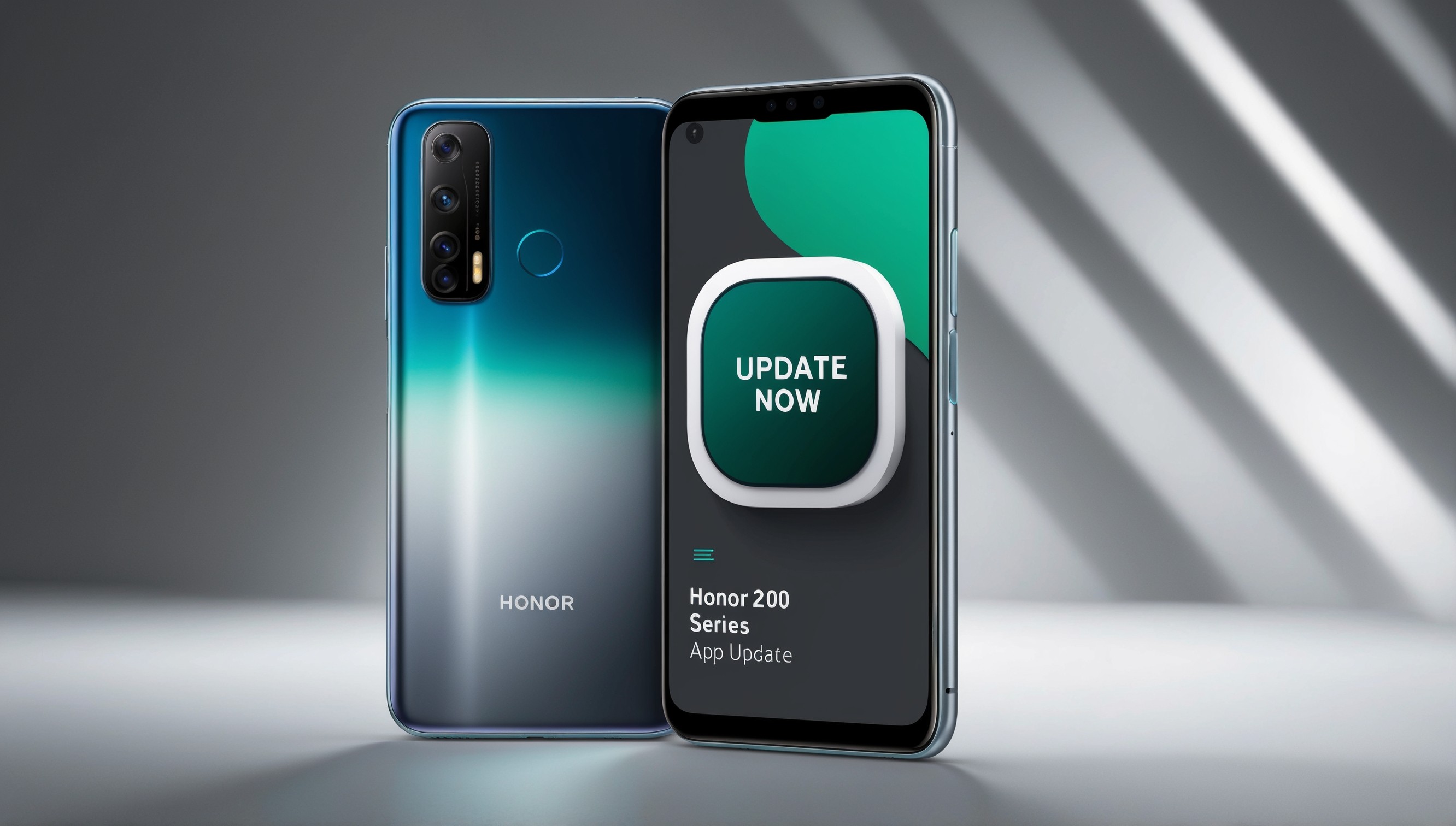 A modern smartphone with a sleek, silver body and a bright, high-resolution display showcasing the Honor 200 series app update screen, with a clean and minimalistic layout, featuring a bold, blue-green color scheme, and a prominent 