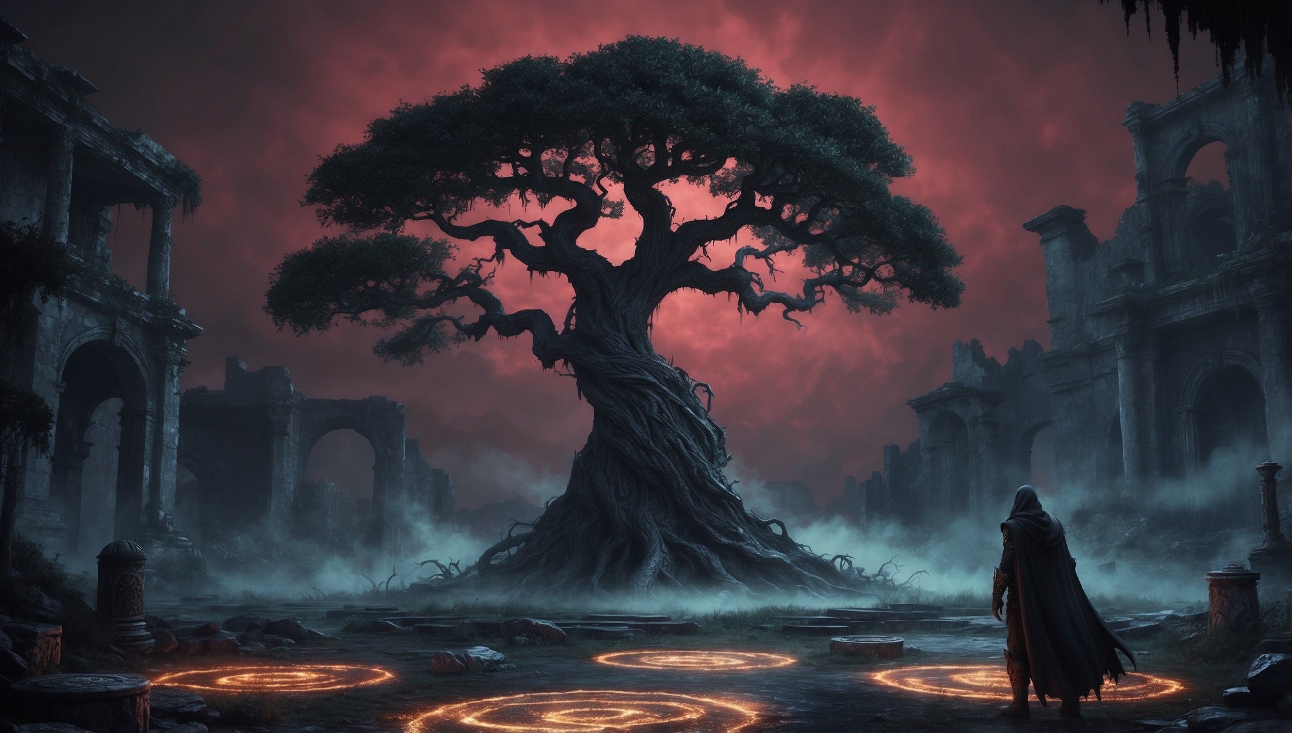 A hauntingly beautiful, atmospheric scene depicting a dark fantasy world inspired by the Elden Ring game, with a majestic, twisted tree standing tall in the center, its gnarled branches stretching towards a dimly lit, crimson-hued sky, set against a backdrop of ruins and decaying architecture, with subtle, eerie mist swirling around the base of the tree, and a lone, cloaked figure with an obscured face standing at the edge of the frame, surrounded by scattered, ancient artifacts and mysterious, glowing runes etched into the ground, with the overall mood evoking a sense of foreboding and ancient mysteries waiting to be uncovered.