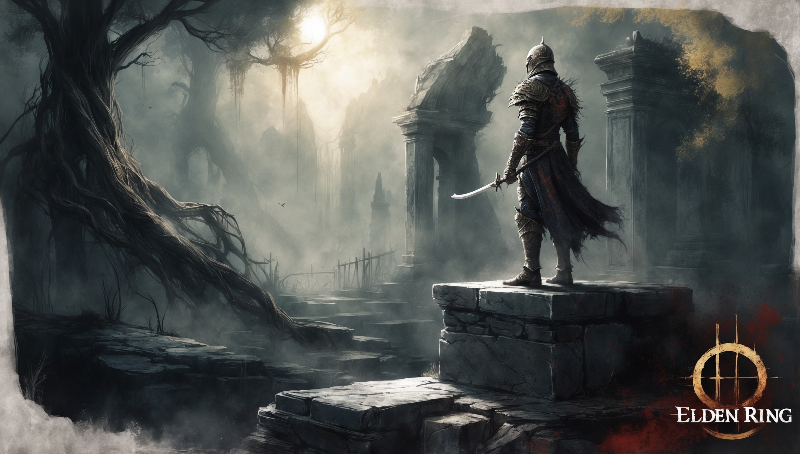 A hauntingly beautiful illustration of the Elden Ring game's dark fantasy world, set against a backdrop of twisted, ancient trees and mist-shrouded ruins, with hints of golden light peeking through the mist. In the foreground, a lone, armored figure, possibly the Tarnished, stands atop a crumbled stone pedestal, gazing out into the distance, their facial features obscured by a helmet adorned with intricate, organic details. The atmosphere is heavy with an sense of foreboding and mystery, as if the very fabric of reality is unraveling. The color palette is a mix of muted earthen tones, with splashes of crimson and gold, evoking a sense of decay and forgotten grandeur. The overall style is reminiscent of medieval illuminated manuscripts, with bold lines, expressive brushstrokes, and subtle textures, drawing inspiration from the game's Dark Souls heritage.