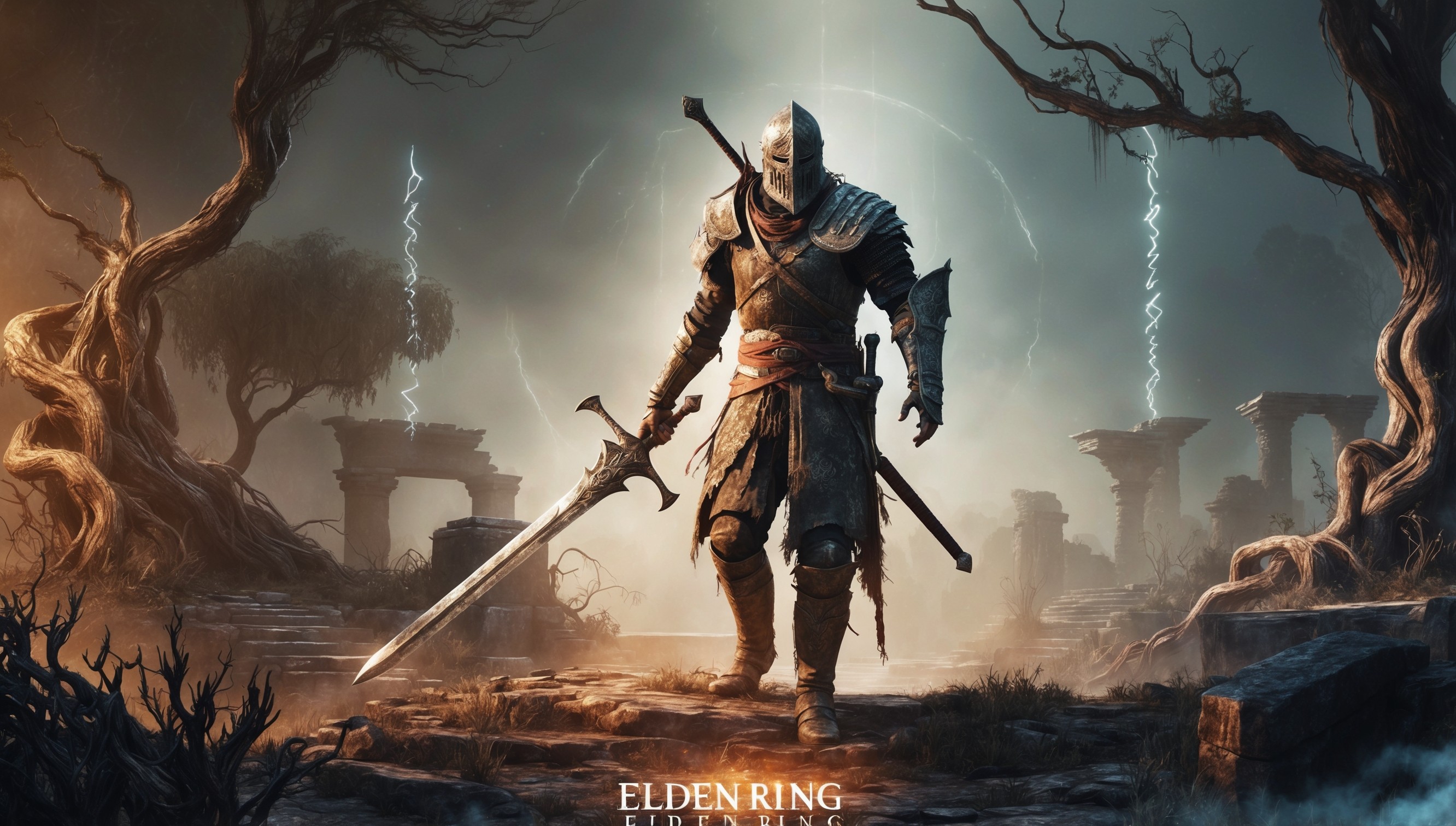 A majestic, atmospheric digital illustration of the Elden Ring game, set in a dark, mystical world with subtle, eerie lighting, featuring a central figure, possibly the Tarnished, with worn, tattered armor, a imposing greatsword, and a mysterious, ancient-looking helmet, amidst a backdrop of twisted, gnarled trees, withered plants, and ancient ruins, with subtle, glowing runes etched into the environment, and a faint, ethereal mist lingering in the air, with a warm, golden color palette with hints of dark blues and purples, evoking a sense of foreboding and adventure, in a stylized, fantasy art style reminiscent of Dark Souls and Sekiro, with intricate details and textures, and a cinematic, widescreen composition.