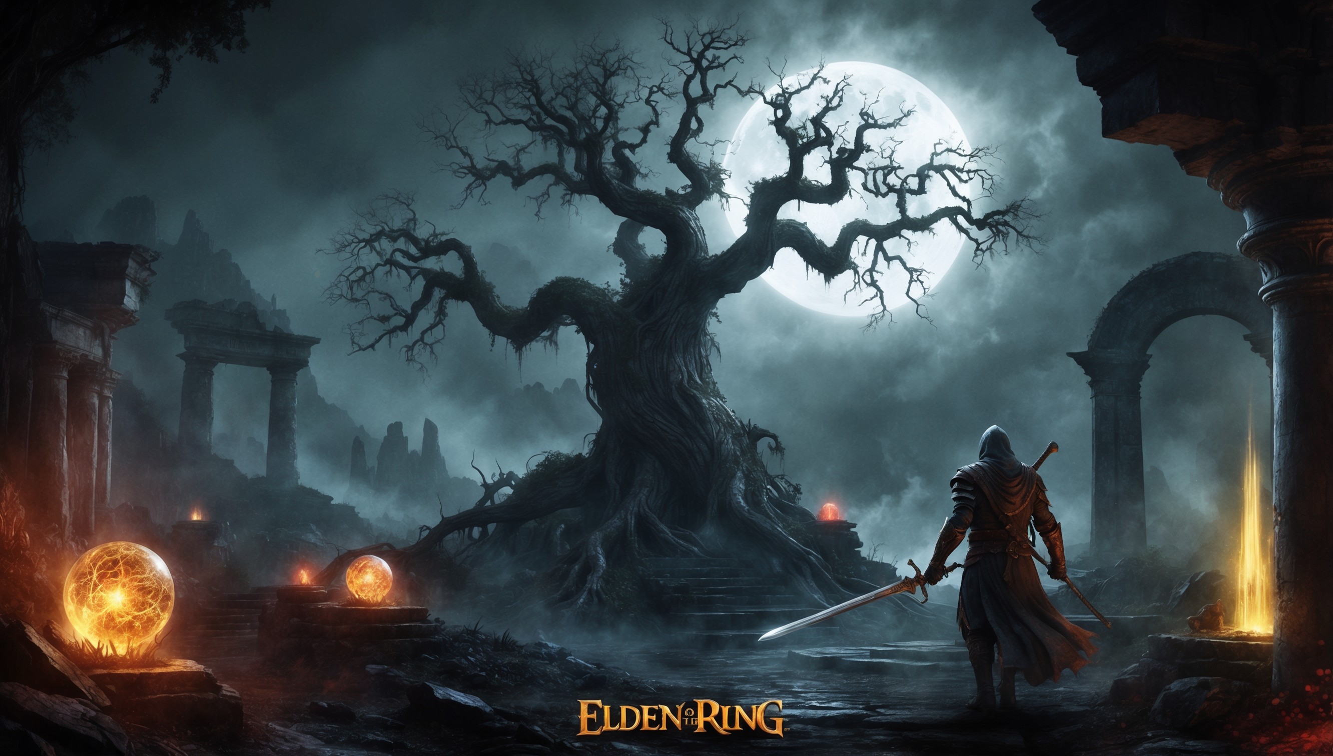 A dark fantasy landscape inspired by the Elden Ring game, with a misty, atmospheric background set against a twisted, gnarled tree, its branches like skeletal fingers reaching towards the sky, surrounded by ancient ruins and mysterious, glowing artifacts, lit by an ethereal, moon-like glow, with hints of crimson and gold, evoking a sense of mystery, power, and ancient magic, perhaps with a silhouette of a lone, cloaked figure in the distance, hints of worn, battle-worn armor and a greatsword at their side, or maybe a glimmer of golden light emanating from a mysterious, ancient door, beckoning the viewer to enter the world of Elden Ring.