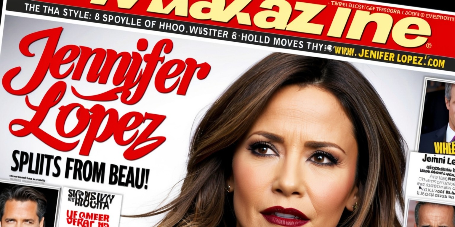 A close-up of a sensationalized magazine cover featuring a bold, red headline JENNIFER LOPEZ SPLITS FROM BEAU! in a stylized, cursive font, with a mugshot-style photo of Jennifer Lopez, her facial expression a mix of shock and sadness, her golden skin tone accentuated by the bright flash of the camera, her dark hair styled in loose, effortless waves, her lips painted a deep crimson, her eyes lined with a subtle smokiness, a hint of tearfulness in her gaze, set against a stark white background, with a subtle gradient effect to give it a tabloid-esque feel, surrounded by smaller, yellowed headlines and paparazzi photographs, with a bold, red banner running across the top of the cover, emblazoned with the magazine's logo in a metallic silver font.