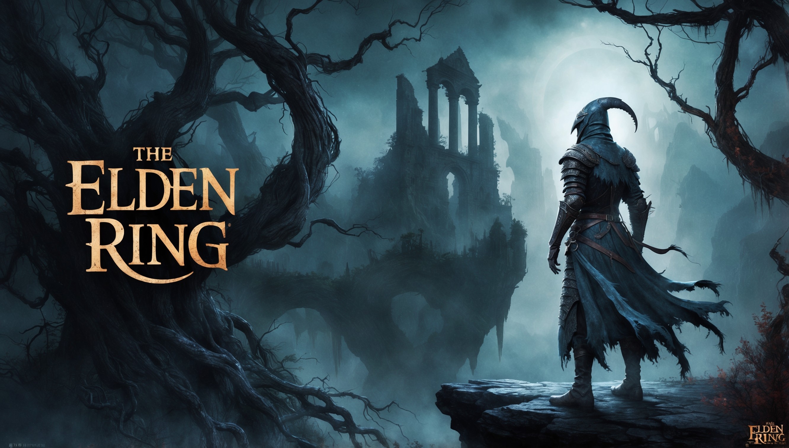 A hauntingly beautiful illustration of the Elden Ring game, set in a dark, mystical world with twisted, gnarled trees and ancient ruins in the background, bathed in an eerie, ethereal mist. In the foreground, a lone, spectral figure clad in tattered, medieval-inspired armor stands atop a windswept cliff, gazing out into the darkness, their face obscured by a helm with a pointed, curved beak. The atmosphere is heavy with an air of foreboding and mystique, as if the very fabric of reality is unraveling. The color palette is predominantly dark blues and greys, with touches of muted gold and crimson, evoking a sense of decay and forgotten glory. The image is rendered in a highly detailed, ornate style, with intricate textures and patterns adorning the armor, trees, and surrounding environment, as if every element has been weathered by the passage of time.