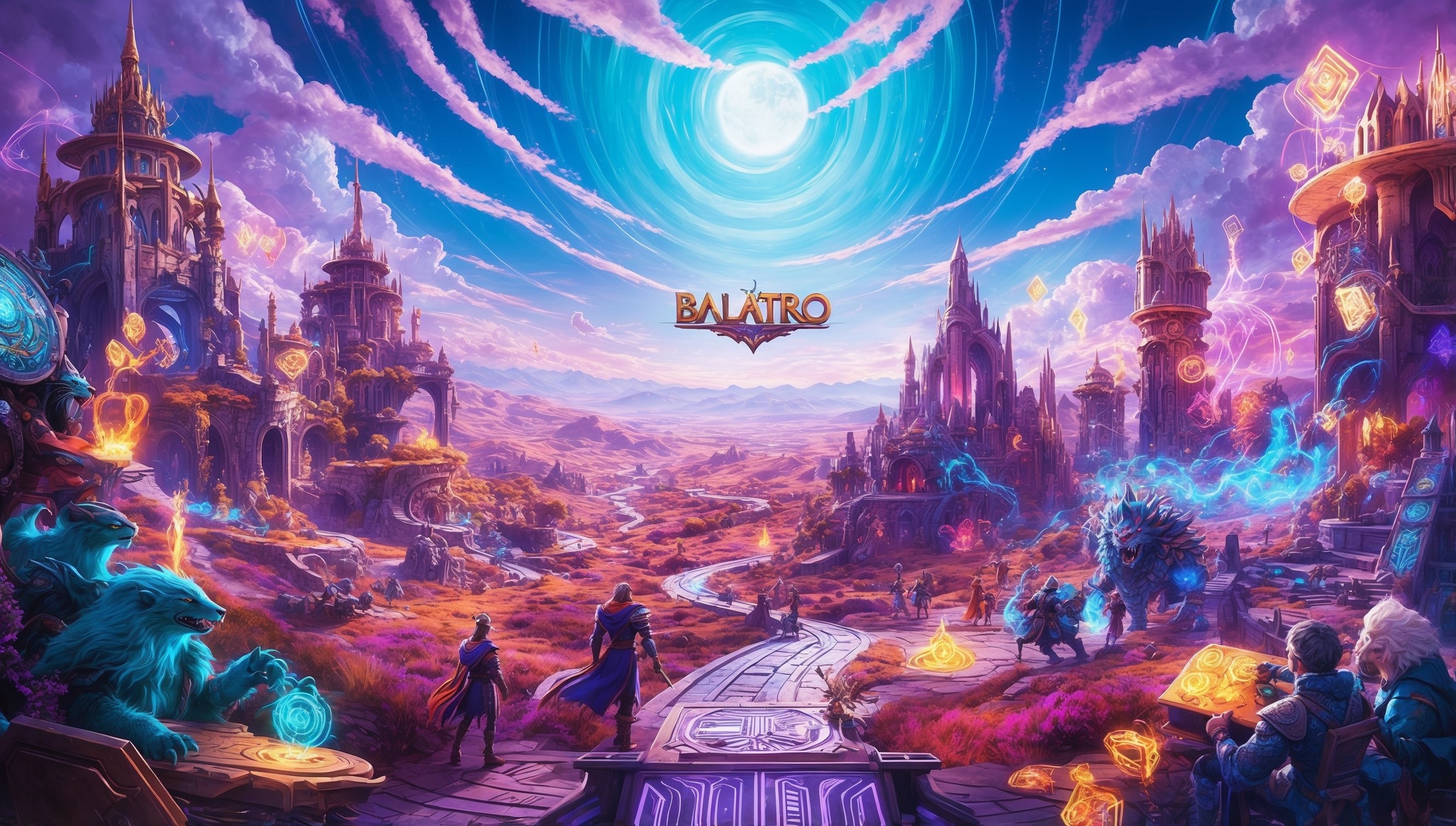 A vibrant, futuristic illustration of a fantasy game world, Balatro, with intricate architecture and sprawling landscapes, set against a radiant blue-purple sky with wispy, cotton-like clouds, featuring mystical creatures and adventurers with a mix of medieval and sci-fi elements, adorned with glowing runes, ancient artifacts, and mysterious energies, with a sense of wonder and exploration, blended with a touch of magic and technology, portrayed in a stylized, detailed, and atmospheric art style, evoking a sense of excitement and curiosity, inviting the viewer to enter this enchanting realm.