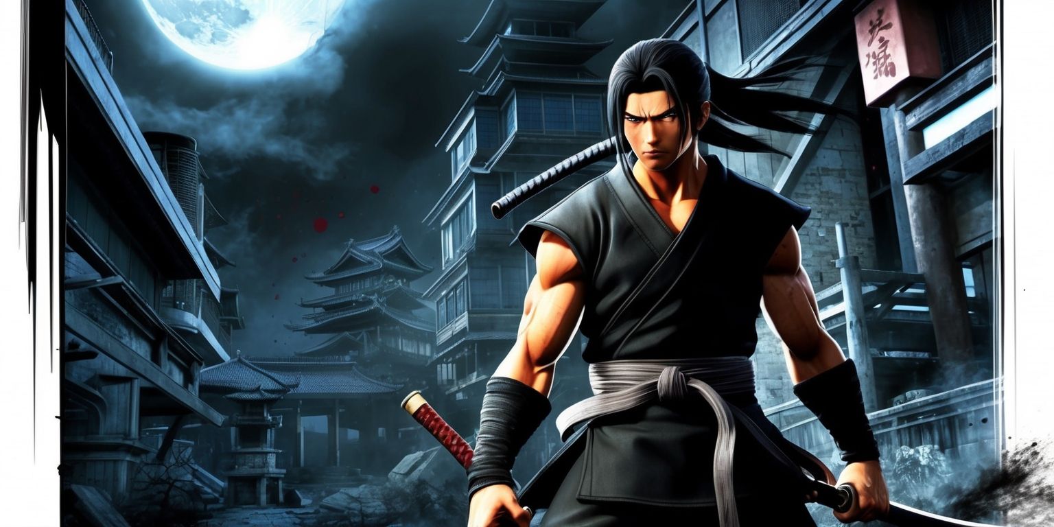 A dynamic illustration of Ryu Hayabusa from Ninja Gaiden 4, standing victorious in a dark, gritty, urban environment with a blend of modern and ancient Japanese architectural elements, set against a backdrop of a full moon, with a katana at his side, wearing his signature black ninja costume, his facial features strong and determined, his skin a warm, golden brown, his eyes narrowed and focused, with a few strands of his black hair falling across his forehead, the atmosphere tense and dramatic, with a hint of blood and smoke in the air, the color palette dark and muted, with shades of black, grey, and blue dominating the scene, the overall style reminiscent of a cinematic action sequence, with bold lines, sharp angles, and intense lighting.