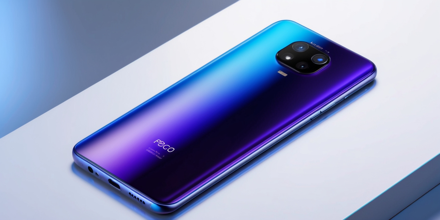 A sleek, modern Poco F7 Pro smartphone with a vibrant, gradient-finish back panel, showcasing a blend of blue and purple hues, rests on a minimalist, white background, its 6.7-inch AMOLED display illuminated, displaying a vibrant, high-contrast wallpaper, with a faint gradient of dark blues and purples, complementing the device's color scheme, the device's premium glass back subtly reflecting light, its triple-camera setup, accompanied by a dual-LED flash, situated at the top-left corner, exudes a sense of sophistication, while the phone's slim, metallic frame adds an air of elegance, the Poco logo, in a subtle, metallic silver font, is discreetly positioned at the bottom-center of the device, with the phone's charging port and speaker grille situated at the bottom, giving a sense of balance and harmony to the overall composition.