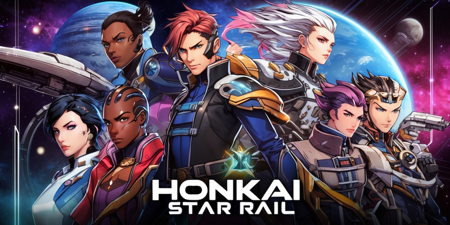 A vibrant sci-fi themed illustration of characters from the Honkai Star Rail game, with a focus on intricate details and dynamic poses, set against a backdrop of celestial bodies and stars, incorporating a mix of futuristic elements and cosmic scenery, with bold lines, and striking color schemes, featuring humanoid figures with distinctive facial features, varying skin tones, and unique attire, including metallic accents, and dramatic lighting, with possible text or logos in a sleek, modern font, and an overall sense of adventure and exploration, capturing the essence of the game's blend of space travel, combat, and character development.