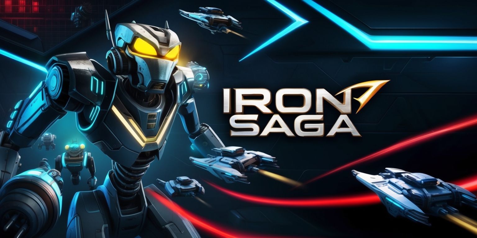 A futuristic sci-fi themed illustration of the Iron Saga game, set against a dark metallic background with neon blue and red accents, featuring a prominent robotic figure with glowing yellow eyes, sharp metallic edges, and a rugged design, surrounded by smaller robotic units and sleek spaceship models, with the game's logo prominently displayed in bold, metallic font with a silver and gold color scheme, the logo's text is written in a curved line above the robotic figure, with a subtle grid pattern and circuitry details visible on the robots' surfaces, and a sense of dynamic movement and energy emanating from the scene, with the overall atmosphere being one of high-tech intensity and futuristic action.