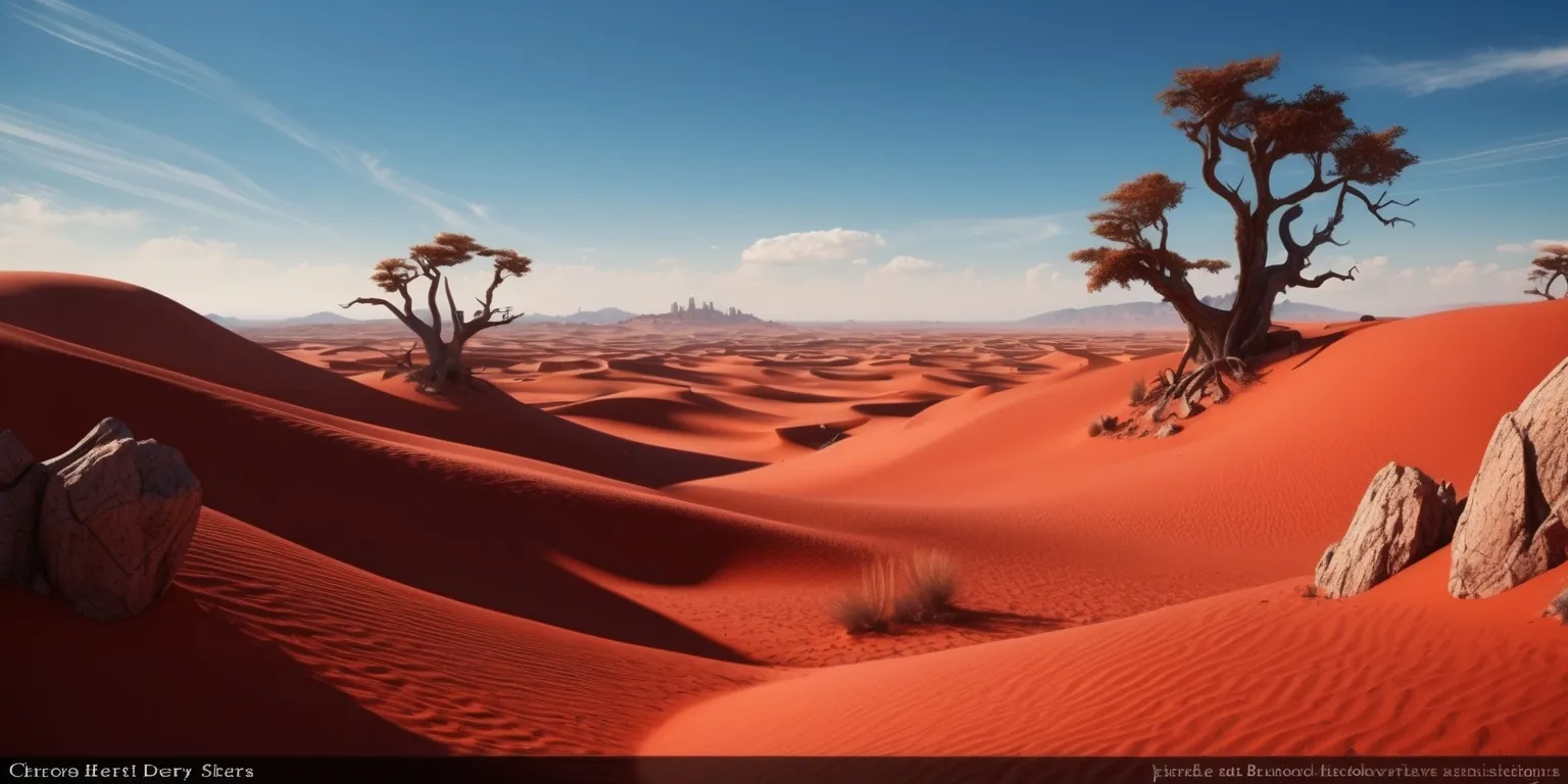 A vast, sun-scorched desert landscape with crimson-hued sand dunes stretching towards the horizon, set against a backdrop of clear blue skies with a few wispy clouds, as inspired by the Crimson Desert game, with intricate rock formations and sparse, twisted tree silhouettes, rendered in a highly detailed, realistic art style with warm, earthy tones and subtle texture, capturing the essence of an otherworldly, mystical environment, with a sense of adventure and discovery, and a dramatic, cinematic lighting effect, emphasizing the beauty and harshness of the desert world.
