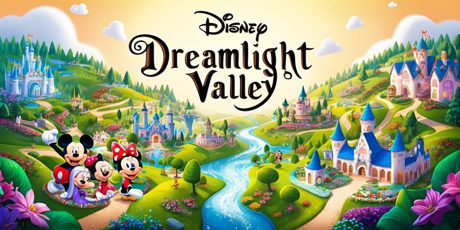 A vibrant and whimsical illustration of the Disney Dreamlight Valley game, set against a warm and sunny background with fluffy white clouds, featuring a beautifully rendered 3D valley landscape with rolling hills, sparkling rivers, and lush green forests, filled with beloved Disney and Pixar characters, each with distinct facial features and expressive emotions, such as Mickey Mouse, Minnie Mouse, and Elsa, showcasing their unique personalities and styles, amidst intricate and detailed architecture, including grand castles, cozy cottages, and bustling villages, with vibrant flowers and lush greenery surrounding the scenery, illuminated by a soft, golden light, evoking a sense of wonder, magic, and adventure, with subtle textures and gentle shading adding depth and dimension to the image.