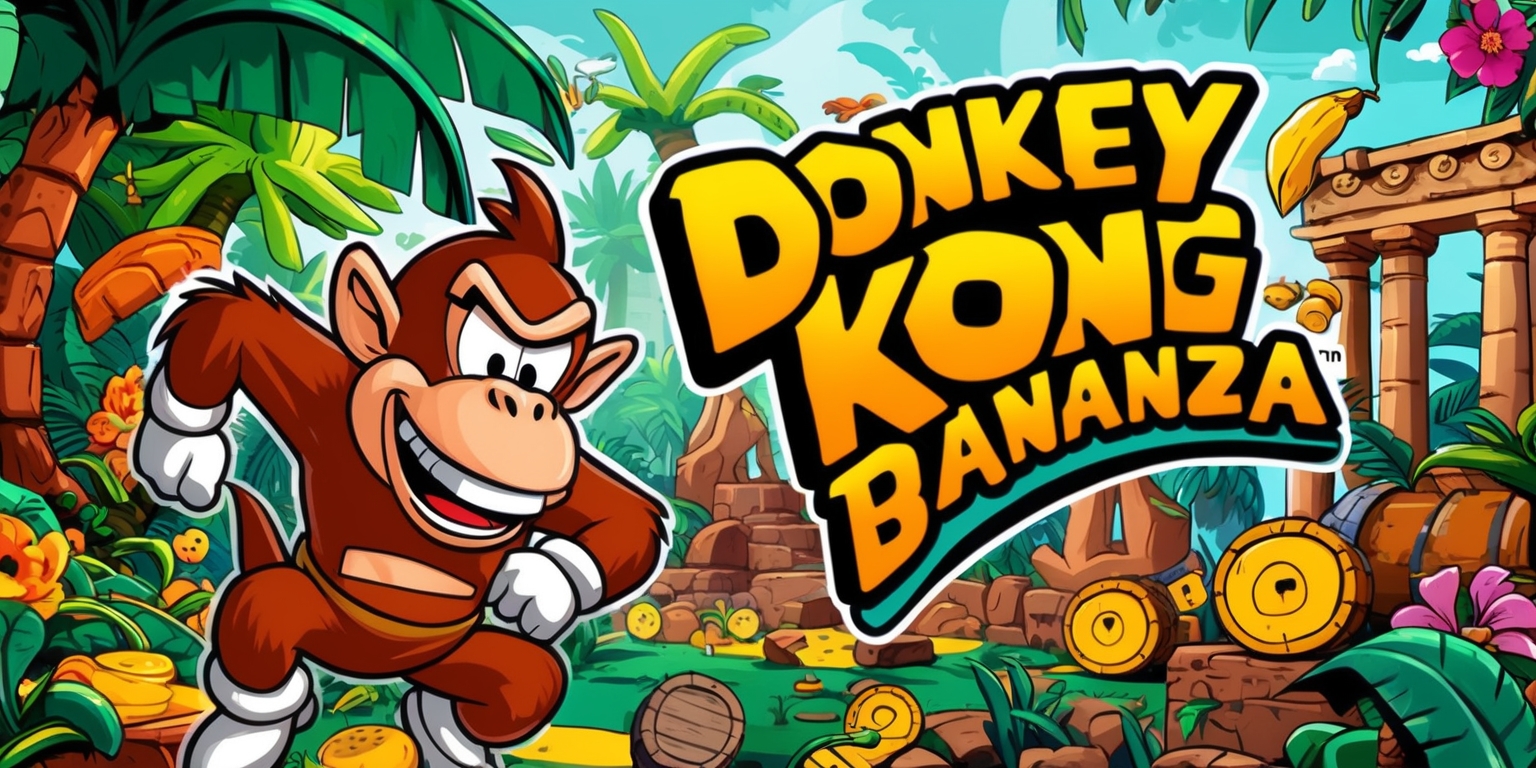 A vibrant and dynamic illustration of the Donkey Kong Bananza game, featuring Donkey Kong as the central character, with a energetic and mischievous facial expression, set against a colorful jungle background with lush green trees, exotic flowers, and ancient ruins, with a mix of warm and cool colors, including shades of brown, green, blue, and yellow, in a stylized cartoon style, with bold lines and textures, and a chaotic layout, with bananas, barrels, and other game elements scattered throughout the scene, and the game's logo prominently displayed in a bold, curved font, with the title Donkey Kong Bananza written in a fun, playful script.