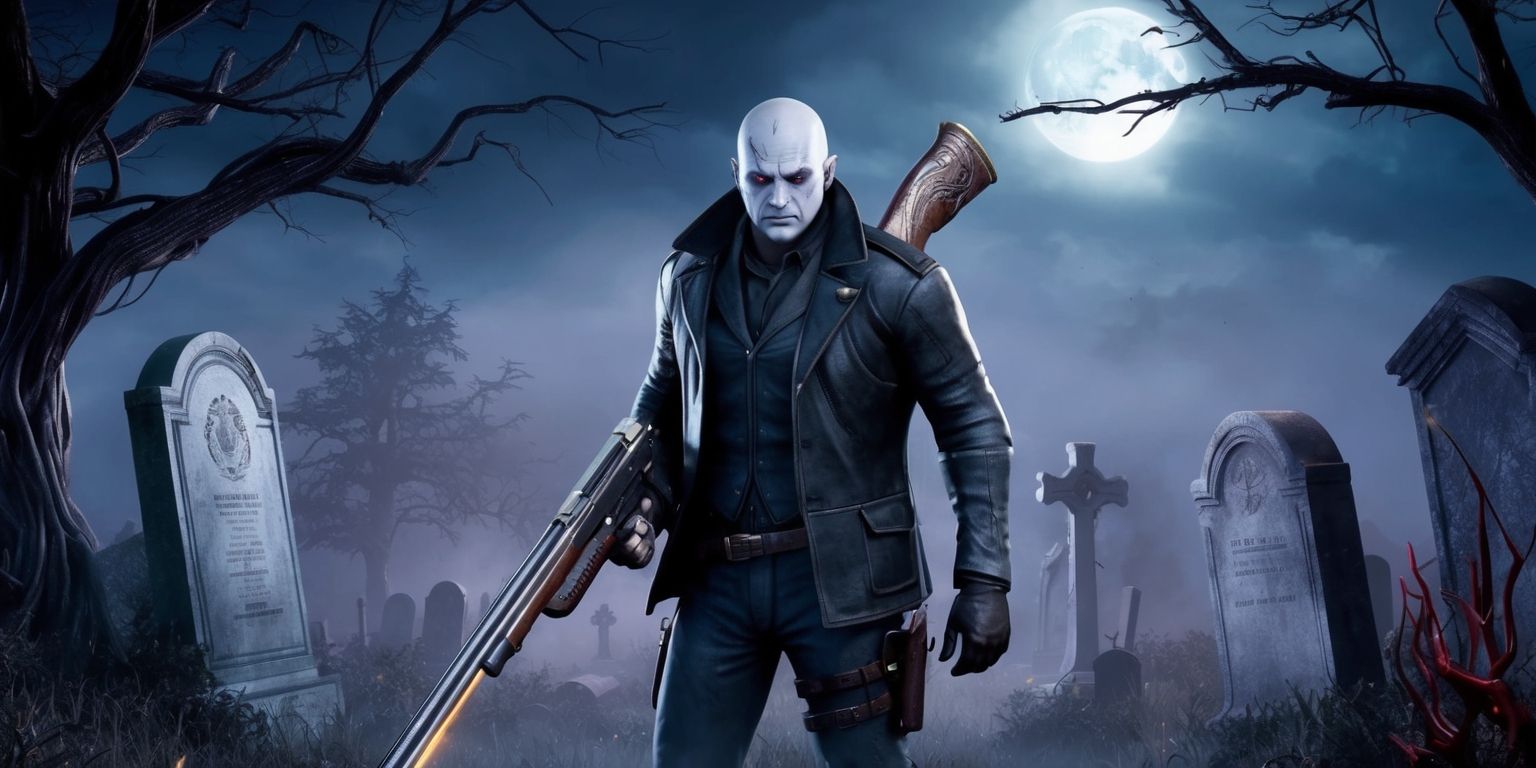 A dark fantasy supernatural shooter game scene with a lone hunter standing in the center, wearing a black leather jacket and holding a powerful shotgun, surrounded by a eerie misty atmosphere with full moon shining in the background, the hunter has a determined expression on his pale skin face with sharp jawline and piercing blue eyes, the shotgun is adorned with intricate engravings and emits a faint glow, the scene is set in a abandoned graveyard with crumbling tombstones and twisted trees, the color palette is dominated by shades of dark blues and greys with hints of purple and red, the overall style is a mix of horror and action elements with a sense of foreboding and intensity.