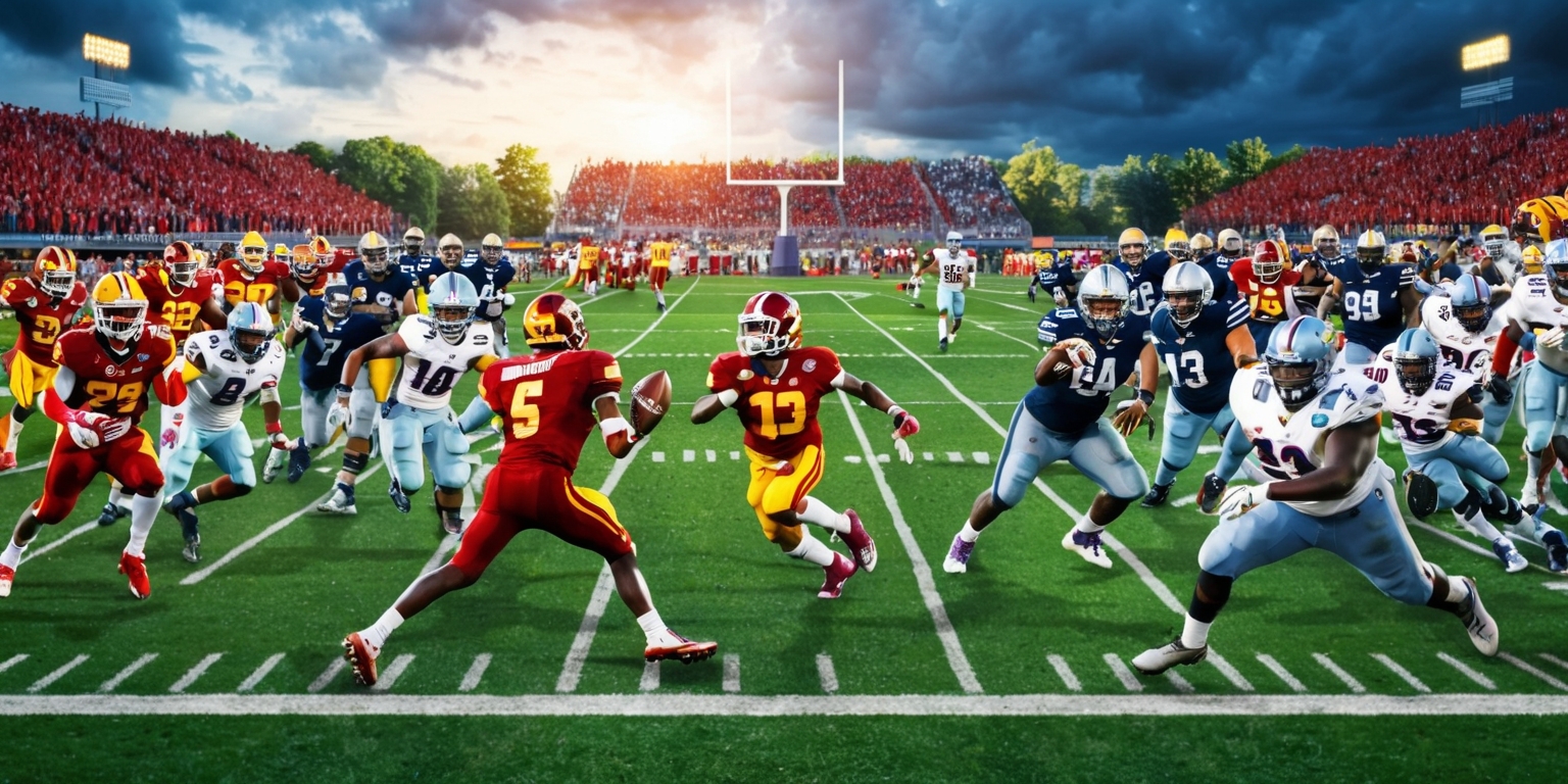 A vibrant and action-packed sports scene depicting a college football game with 26 players in various positions on the field, set against a cloudy blue sky with a hint of warm sunlight, the lush green grass illuminated by the stadium lights, with the players wearing colorful jerseys and helmets with distinct logos and numbers, one team in crimson and gold, the other in navy blue and silver, the quarterback throwing the ball to a receiver sprinting down the sideline, the defensive line rushing towards them, the goalpost standing tall in the background, with cheering crowds and coaches observing from the sidelines, the atmosphere electric with excitement and tension, capturing the intensity and energy of the game.