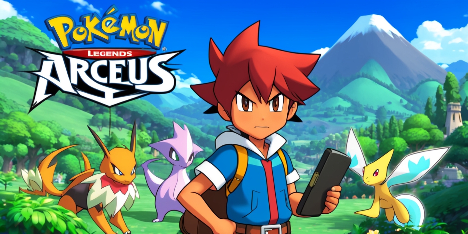 A vibrant and action-packed scene from Pokémon Legends: Arceus game, set in the lush Hisui region with a mix of lush green forests, rolling hills, and majestic mountains, featuring the protagonist, a young trainer with determined facial features, medium skin tone, and distinctive hair, standing confidently with their trusty Pokédex in hand, surrounded by a few iconic Pokémon, including a noble-looking Arcanine and a swift-looking Starly, with the Pokémon Legends: Arceus logo prominently displayed in a bold, white, serif font at the top of the image, against a clear blue sky with a few puffy white clouds, and a sense of adventure and exploration in the air.