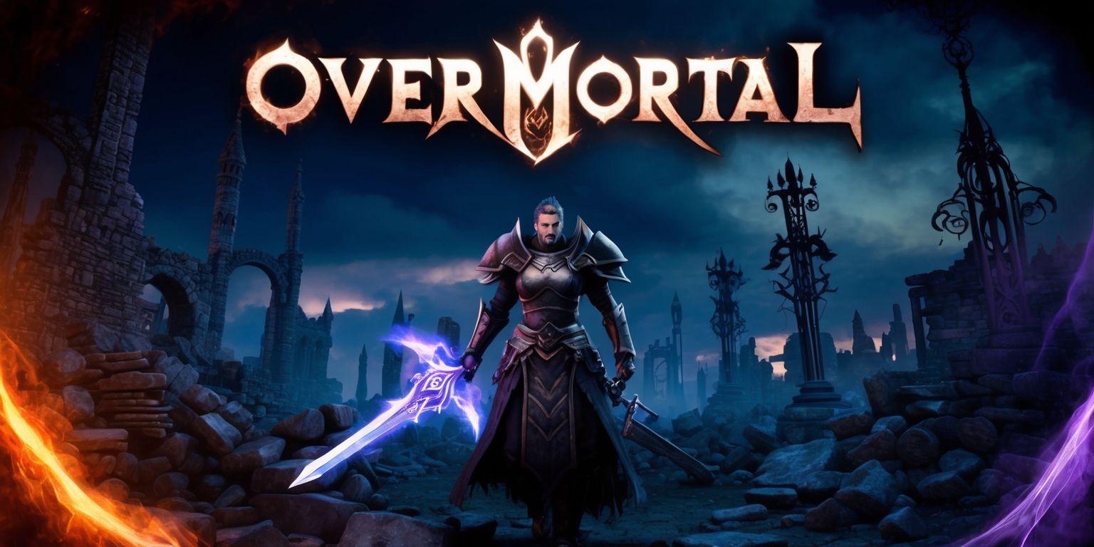 A dark fantasy video game screenshot from Overmortal, featuring a hauntingly beautiful gothic landscape with crumbling stone ruins, twisted metal spires, and eerie mystical energies, set against a backdrop of a deep indigo sky with hints of fiery orange and purple, the game's title Overmortal emblazoned in bold, metallic letters with a subtle glow effect, in a stylized font with sharp edges and mystical symbols, at the top of the image, with a heroic figure standing defiantly in the foreground, clad in dark armor with intricate details and a determined expression, wielding a powerful sword with glowing blue runes, as the atmosphere is charged with magical tension and an air of foreboding, with subtle texture overlays and cinematic lighting effects that enhance the overall sense of drama and adventure.