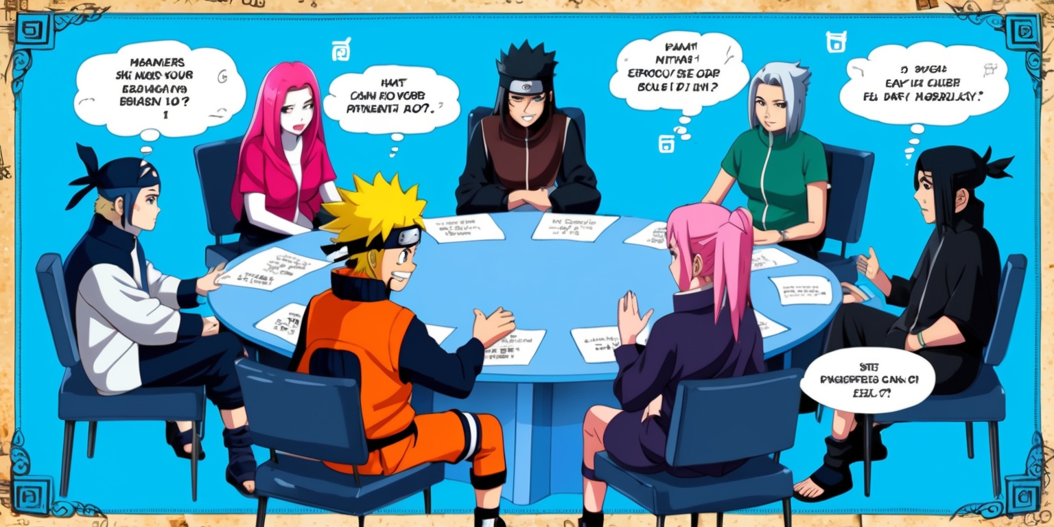 A vibrant and dynamic illustration featuring a fictional manga-inspired discussion panel, set against a bright blue background with subtle ninja-inspired motifs, such as tiny Konoha symbols or minimalist ninja masks. In the foreground, eight diverse characters from the Naruto universe, each with unique facial features and attire, sit in a circle, engaged in a lively debate. Naruto Uzumaki, the main protagonist, sits center-left, with a passionate expression and his iconic orange jumpsuit. Sakura Haruno, with her striking pink hair and green blouse, sits to his right, while Sasuke Uchiha, with his brooding eyes and dark attire, sits across from them. The other characters, including Kakashi Hatake, Tsunade, Jiraiya, and Itachi Uchiha, are scattered around the circle, each showcasing their distinct personalities and styles. Bubbles or thought clouds above their heads contain snippets of conversation, with bold, playful fonts and varying font sizes to convey the energy and emotions of the discussion. The entire scene is framed by a subtle, ornate border, with Japanese-inspired patterns and a hint of worn, parchment-like texture, evoking a sense of nostalgia and aged wisdom.