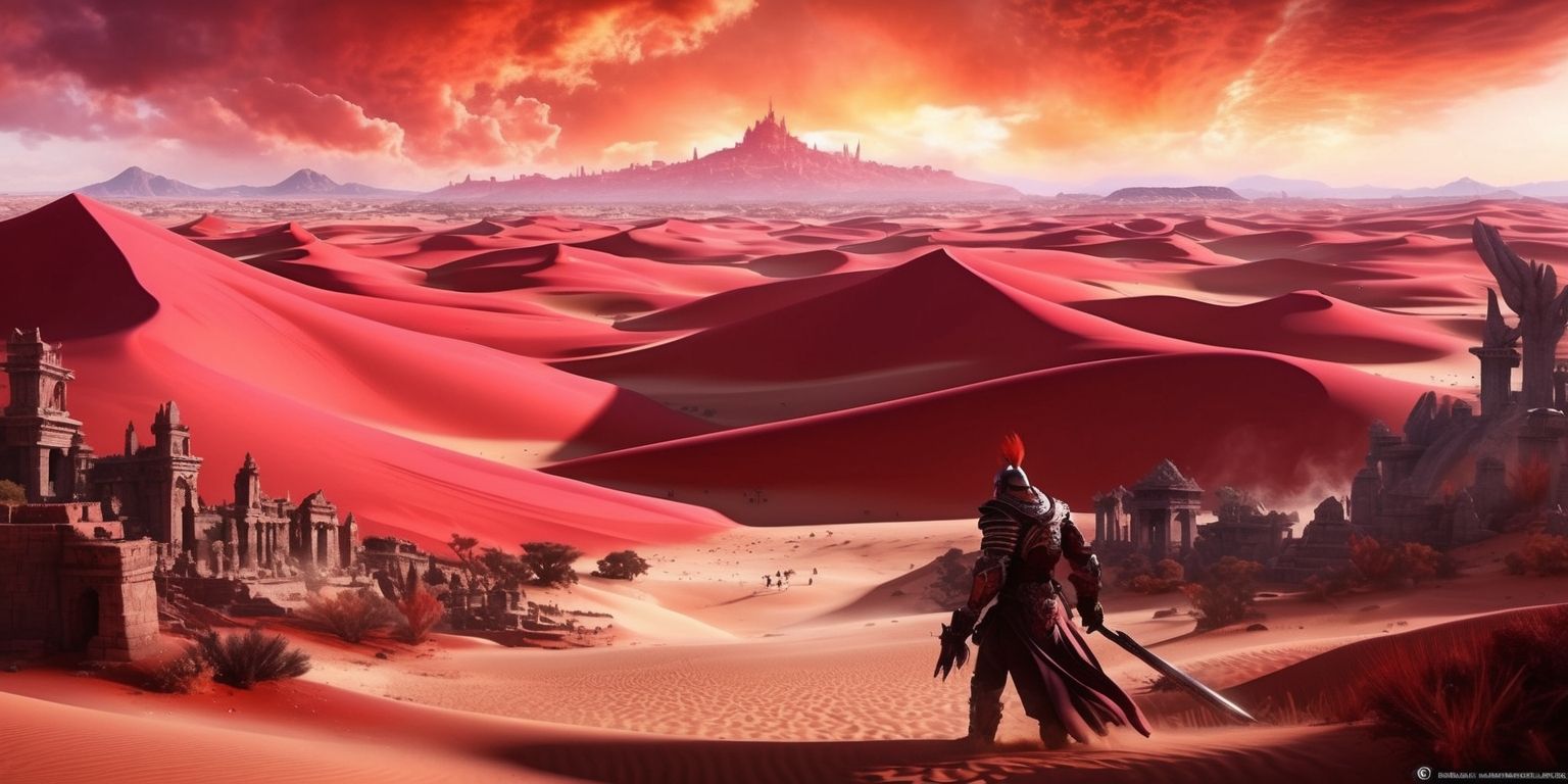 A vast desert landscape with majestic crimson-hued sand dunes stretching towards the horizon, set against a backdrop of a fiery orange and pink sky, with the silhouette of a lone figure in the distance, possibly a character from the Crimson Desert game, with intricate details on their armor and clothing, and a dramatic flair to their pose, surrounded by an array of mystical and ancient ruins, with hints of a fantasy world, and the atmosphere of an action-packed adventure, with vivid colors and dynamic lighting, and a sense of mystery and intrigue, inviting the viewer to explore the secrets of the Crimson Desert world.