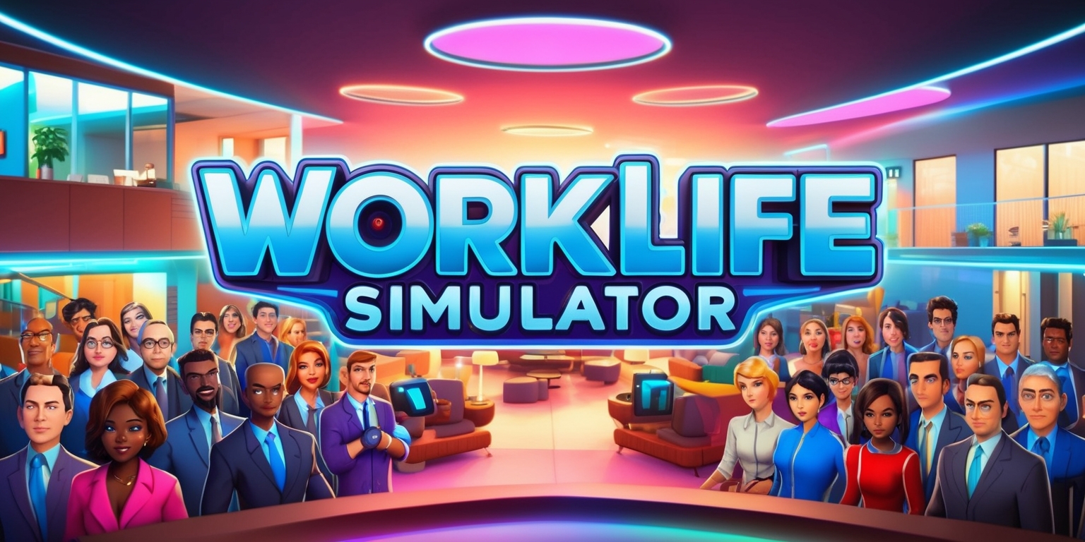 A vibrant and detailed illustration of a WorkLife Simulator game scene, featuring a variety of characters with diverse facial features and skin colors, set against a backdrop of modern offices and homes, with a mix of warm and cool colors, and a futuristic user interface with sleek lines and neon accents, including text and logos in a bold, sans-serif font, with a shallow depth of field to emphasize the main characters, and a slight gradient effect to give the image a sense of depth and dimensionality, with the game's title prominently displayed in a stylized, uppercase font with a metallic sheen.
