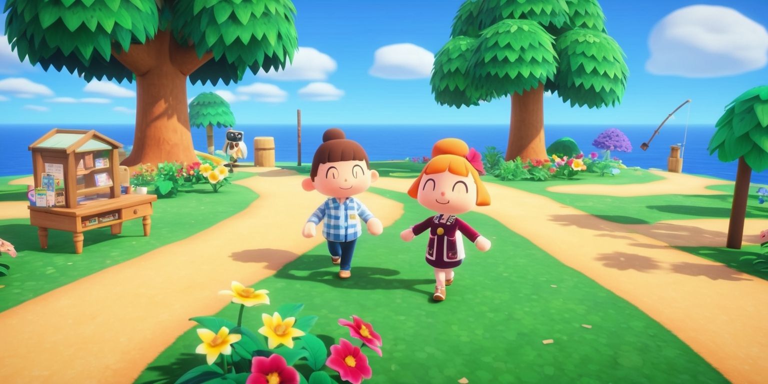 A vibrant and colorful scene from the Animal Crossing: New Horizons game, featuring a customized island setting with lush green trees, bright flowers, and a clear blue sky, a few adorable characters such as Tom Nook and Isabelle are walking around, with intricate details on their facial features and clothing, the island's pathways and furniture are neatly arranged, and a few iconic game elements like the Nook's Cranny store and a fishing rod are visible, the overall atmosphere is peaceful and inviting, with warm sunlight shining down and a few puffy white clouds in the sky.