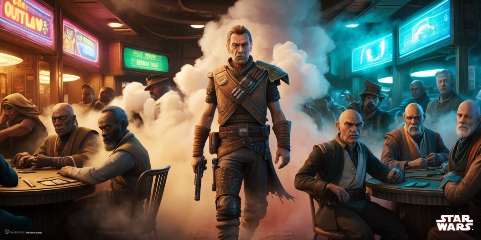 A gritty, cinematic digital art piece depicting a dramatic scene from the Star Wars Outlaws game, set in a bustling, dimly lit cantina on a lawless planet, with a worn, rusty aesthetic and warm, earthy tones of beige, brown, and crimson, accented by neon blue and green hues from holographic advertisements and flickering fluorescent lights. In the center, a tough, rugged outlaw, possibly a human or humanoid alien, with weathered skin and a scar above their left eyebrow, clad in worn, tattered armor and wielding a blaster, stands tall amidst a cloud of smoke and steam, surrounded by shady characters, shady dealers, and smugglers, their faces a mix of human, Twi'lek, and Rodian, all with unique facial features, skin tones, and attire. The atmosphere is tense, with an air of anticipation and danger, as if a high-stakes game or card tournament is about to unfold.