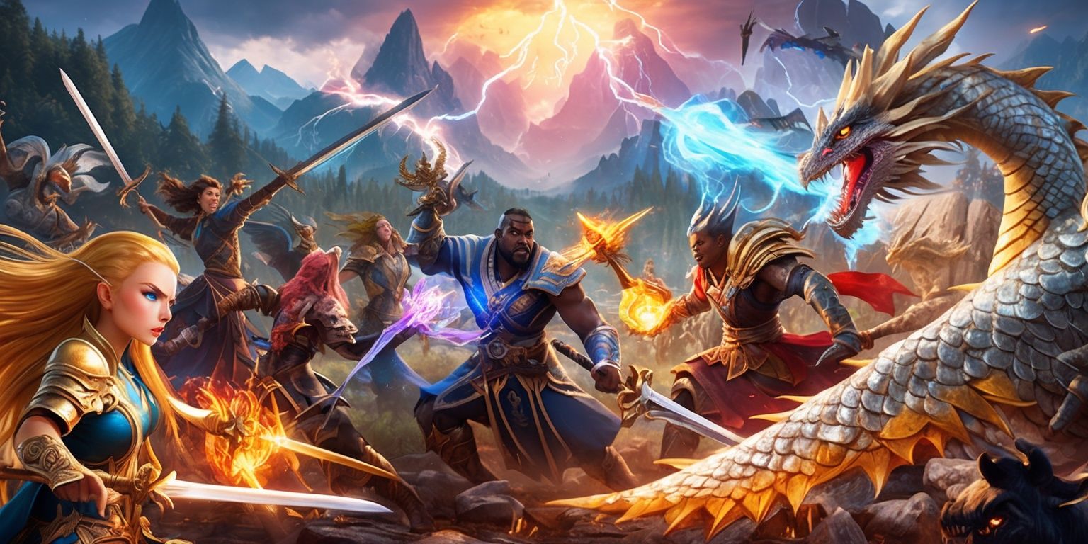 A vibrant fantasy battle game scene with magical creatures and heroic warriors clashing in a mystical realm, set against a dramatic landscape of towering mountains and ancient forests, with a fiery sky and lightning bolts illuminating the intense combat, featuring a diverse range of characters with unique facial features, skin colors, and attributes, including a brave female warrior with long golden hair and piercing blue eyes, a muscular male mage with dark skin and a strong jawline, and a ferocious dragon with scales shimmering in shades of silver and gold, amidst a chaotic backdrop of clashing swords, exploding spells, and raging magical energies, with intricate details and textures on the characters' armor, weapons, and surroundings, and a sense of dynamic movement and energy emanating from the scene.