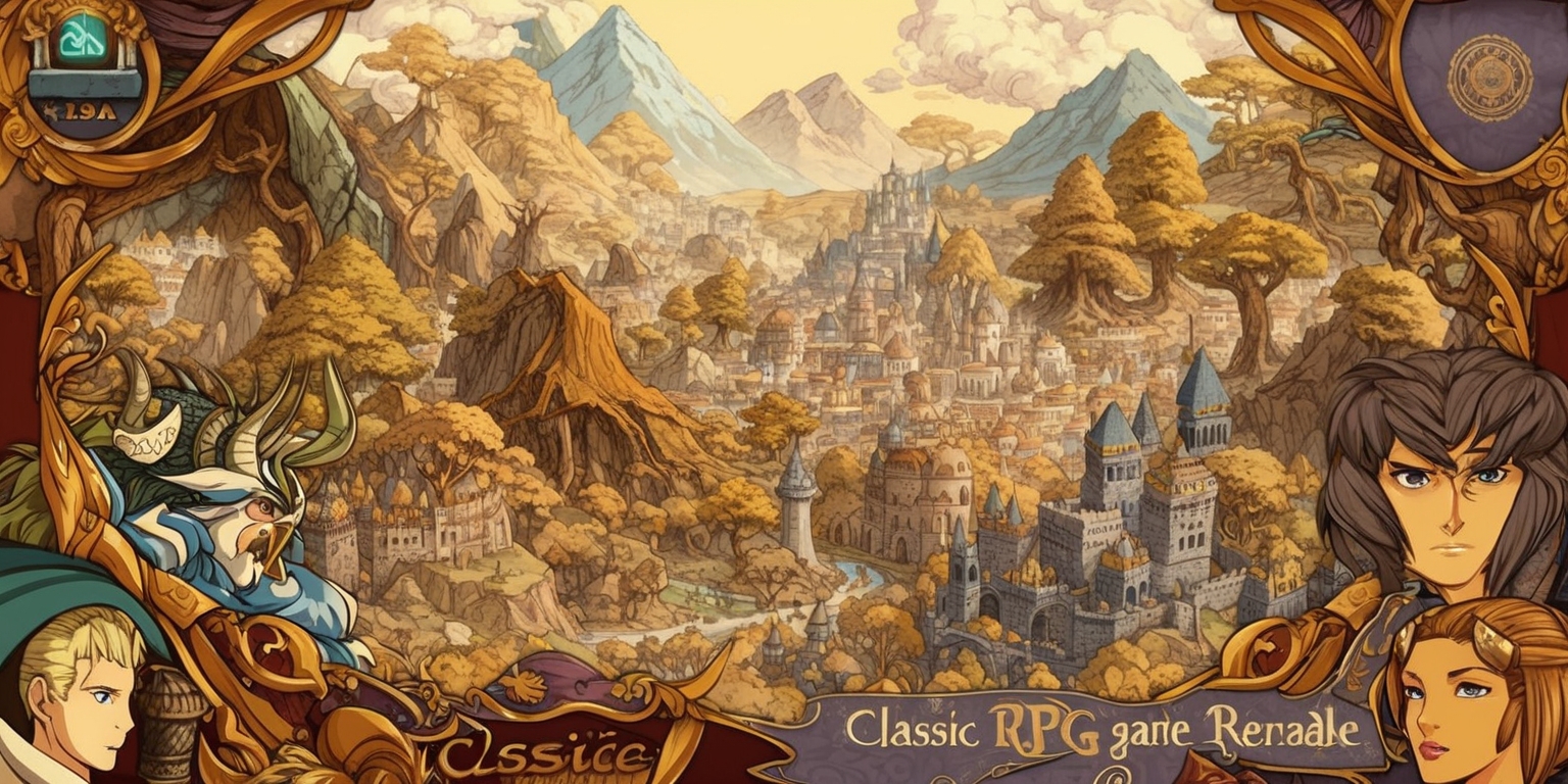 A nostalgic classic RPG game remake set in a vibrant fantasy world with intricate details, featuring a mix of medieval and mystical elements, including ancient forests, mystical mountains, and sprawling cities, with a warm color palette of earthy tones, golden hues, and soft lighting, in a stylized illustration style reminiscent of traditional fantasy art, with bold lines, textures, and dynamic compositions, and a sense of depth and atmosphere, including characters with unique facial features, diverse skin colors, and distinctive clothing, and subtle text elements, such as game logos and interfaces, in a elegant serif font with a touch of retro flair.