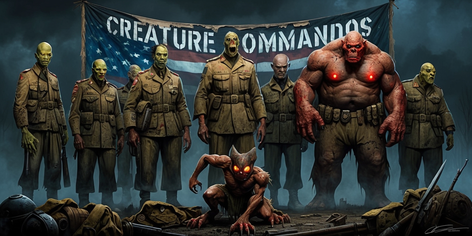 A dramatic illustration of the Creature Commandos series, showcasing a diverse group of monstrous soldiers standing proudly in front of a worn, vintage-style military banner with faded letters and a subtleamerican flag motif, set against a gloomy, misty night sky with hints of dark blues and grays. The creatures, each with unique features, are dressed in worn, earth-toned military attire, with visible fabric tears and scratches, and sport an array of eerie, glowing eyes. One creature, a towering, lanky figure with long fingers, has a prominent, glowing red eye and sharp, pointed teeth, while another, a hulking, imposing being, has thick, scaly skin and a menacing underbite. In the foreground, a smaller, more agile creature with piercing yellow eyes and razor-sharp claws is crouched, ready to pounce, surrounded by scattered, worn military gear and weaponry. The overall atmosphere is dark, gritty, and foreboding, with heavy shading and bold lines evoking a sense of pulp horror.