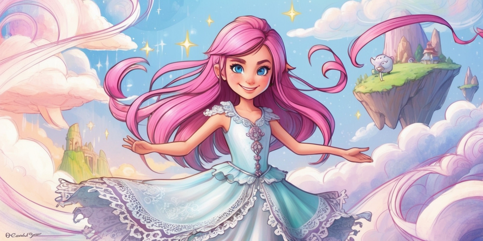 A whimsical illustration of Nikki, the protagonist from the Infinity video game series, standing in a vibrant, dreamlike environment filled with swirling clouds, shimmering stars, and floating islands. Nikki is depicted with her signature pink hair, bright blue eyes, and a kind smile, wearing a flowing white dress with intricate lace details. In the background, subtle hints of crayon-inspired landscapes and fantastical creatures add a sense of wonder and adventure. The color palette is a mix of soft pastels and bold hues, blending digital painting with traditional media textures. The layout is dynamic, with Nikki centered in the composition, surrounded by whispy clouds and wispy strands of her hair. The overall style is a fusion of Japanese anime and western fantasy, with bold lines, expressive gestures, and a sense of movement and energy.