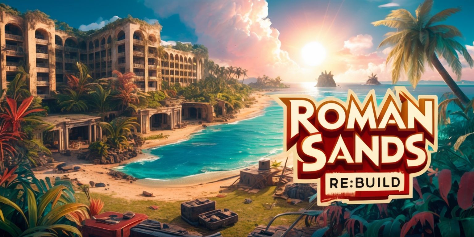 Promotional key art for the surreal narrative adventure game Roman Sands Re:Build, depicting a sun-drenched abandoned luxury resort on a tropical coastline, overgrown with vivid plants and weathered Roman-inspired architecture, with mysterious ruins, scattered survival equipment, and hints of an unsettling prehistoric threat in the distance. Use a striking blend of pastel resort colors, warm golden sunlight, deep ocean blues, and ominous crimson accents, combining retro visual novel illustration with cinematic survival-horror atmosphere. Compose the scene with strong layered depth, a wide environmental view, dramatic shadows, and an eerie contrast between idyllic vacation scenery and apocalyptic isolation. Include the title Roman Sands Re:Build prominently in stylized retro game lettering, with bold cream and coral tones, distressed texture, and a clean promotional layout.