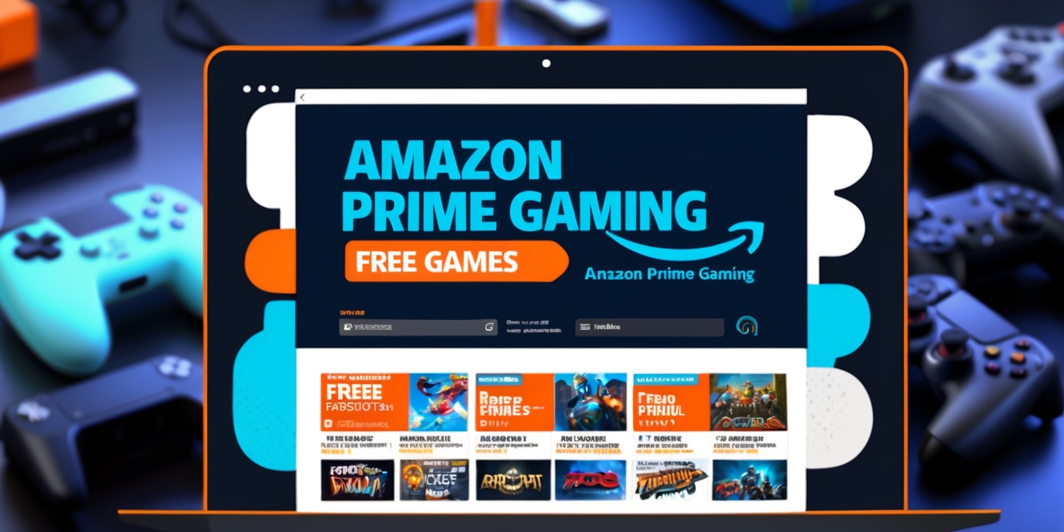 A colorful digital illustration of a computer screen displaying the Amazon Prime Gaming website with a prominent banner announcing free games, the background is a blurred mix of gaming consoles and accessories, the font used for the title is bold and modern, with the words Amazon Prime Gaming in a bright blue color, the free games section is highlighted in a vibrant orange, the overall style is sleek and futuristic, with a layout that resembles a gaming magazine article, the text is in a clean and readable format, with game titles and screenshots showcased in a grid layout, the color scheme is a combination of Amazon's signature blue and orange hues, with accents of white and gray.