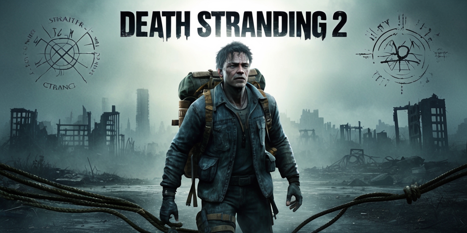 A cinematic poster for Death Stranding 2, featuring a hauntingly lit landscape with ruins of a post-apocalyptic cityscape in the background, with protagonist Sam Porter Bridges standing heroically in the center, his worn jacket and cargo-laden backpack a testament to his arduous journey, his facial expression determined and weathered, his eyes gazing intently into the distance, his skin tone pale and weathered from the harsh environment, with eerie strands of rope and cargo straps snaking around his body, set against a muted color palette of grays, blues, and dark earth tones, with the Death Stranding 2 logo emblazoned prominently in bold, metallic silver font at the top, surrounded by cryptic symbols and cryptograms hinting at the mysterious world of the game.