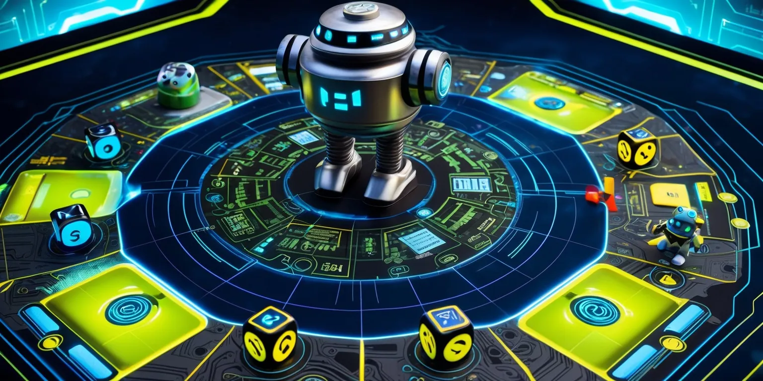 A colorful, futuristic board game with a large, metallic robot centerpiece, surrounded by a grid of interconnected circuit boards, wires, and microchips, featuring various dice with glowing blue numbers, and player tokens shaped like miniature robots, with a dark blue background and bright, neon-like accents, including vibrant green and yellow colors, and a bold, sans-serif font displaying the game's logo and instructions, with a mix of digital and manual components, such as touchscreens and analog buttons, and a sleek, modern design aesthetic, incorporating subtle, high-tech patterns and textures, and a sense of dynamic movement and energy, as if the game is being played in a fast-paced, competitive environment.