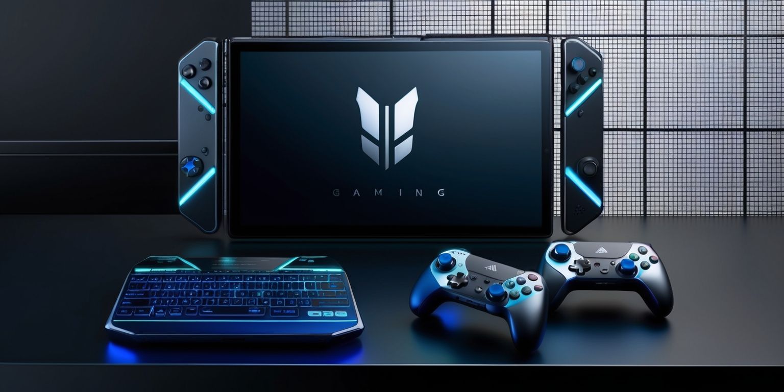 A sleek hybrid gaming console with a fusion of modern and futuristic design elements, featuring a large high-definition touchscreen display, a compact keyboard, and a set of advanced controllers with vibrant LED lights, set against a dark metallic background with subtle grid patterns, showcasing a mix of matte and glossy finishes, with bold silver accents and neon blue hues, the console's logo embossed in a stylized font with sharp edges and a 3D effect, surrounded by delicate ventilation grills and tiny status indicators, highlighting the device's cutting-edge technology and versatility as both a home console and a portable gaming device.